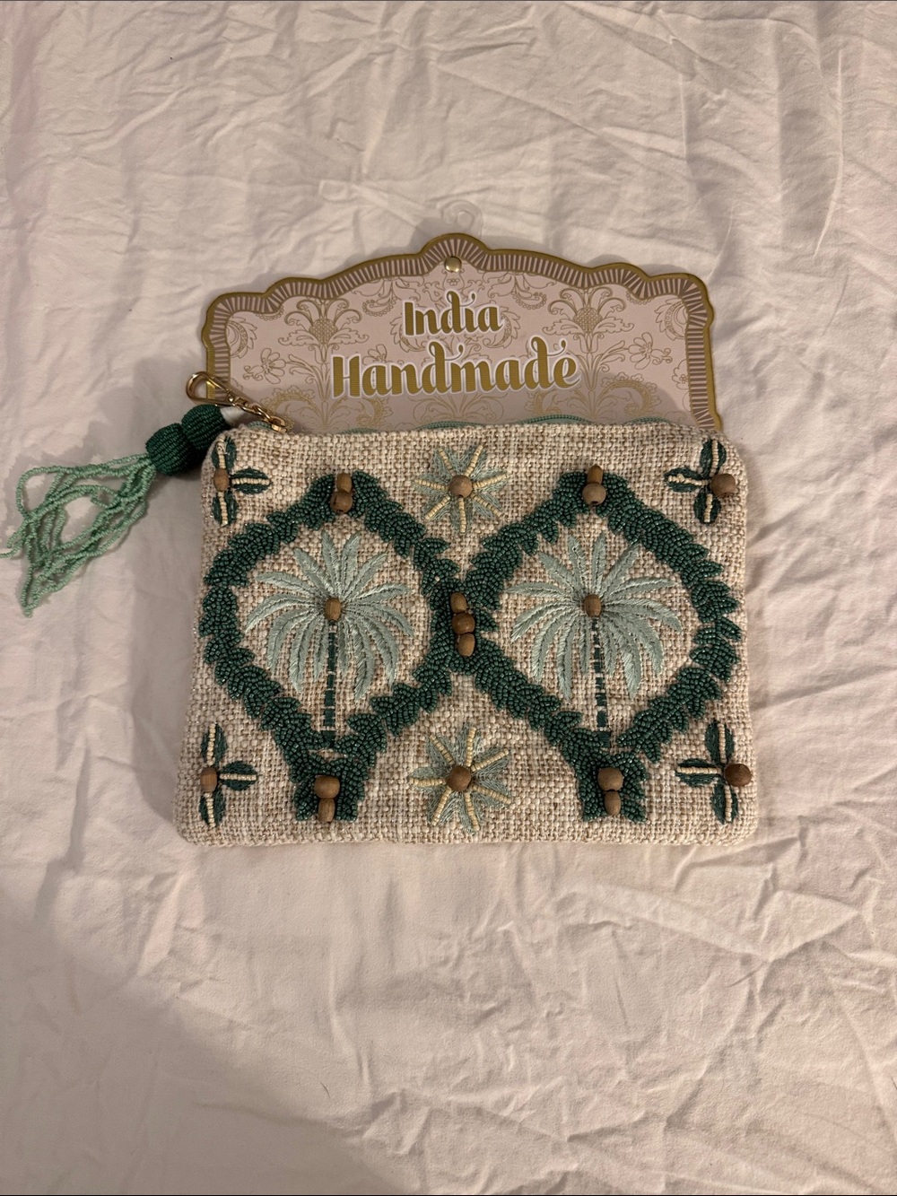 India Handmade Embroidered Beaded Pouch in Teal and Cream